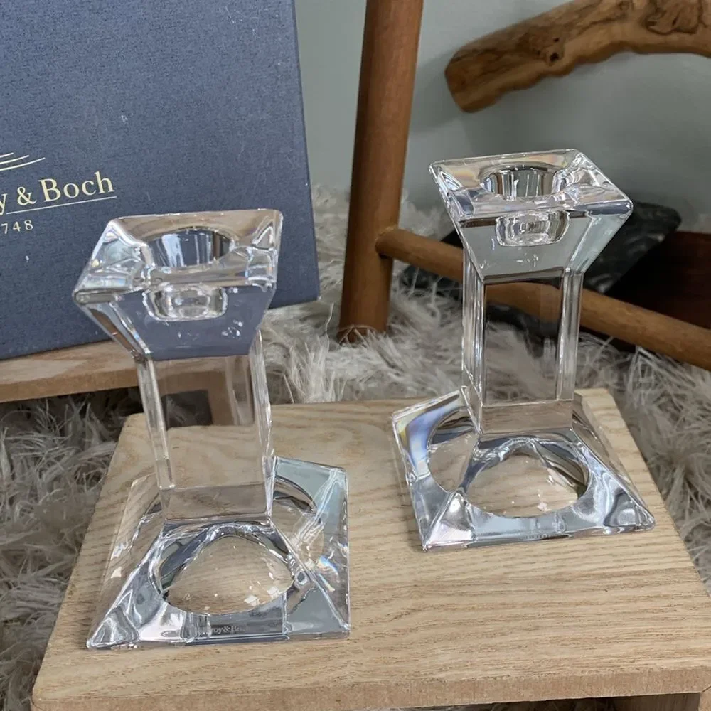 Vintage Pair Of Villeroy & Boch Crystal Pisa Design Candleholders W/Original Box